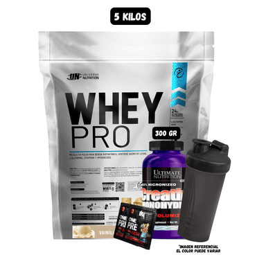 WHEY PRO 5 KG (VAINILLA) + CREATINA ULTIMATE NUTRITION 300 GR + 2 SACHET DE PRE ENTRENO + 1 SHAKER