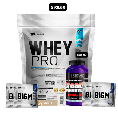 WHEY PRO 5 KG (VAINILLA) + CREATINA ULTIMATE NUTRITION 300 GR + 4 SACHET DE BIGM