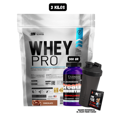 WHEY PRO 3 KG (CHOCOLATE) + CREATINA ULTIMATE NUTRITION 300 GR + 1 SACHET DE PRE ENTRENO + 1 SHAKER