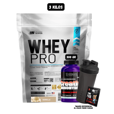 WHEY PRO 3 KG (VAINILLA) + CREATINA ULTIMATE NUTRITION 300 GR + 1 SACHET DE PRE ENTRENO + 1 SHAKER