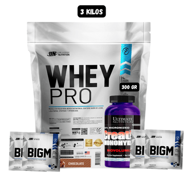 WHEY PRO 3 KG (CHOCOLATE) + CREATINA ULTIMATE NUTRITION 300 GR + 4 SACHET DE BIGM