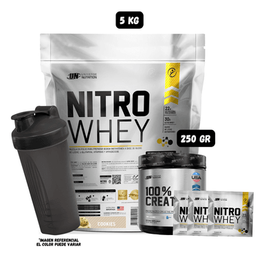 NITRO WHEY 5 KG (COOKIES) + CREATINA UN 250 GR + 3 SACHET DE NITRO WHEY + 1 SHAKER