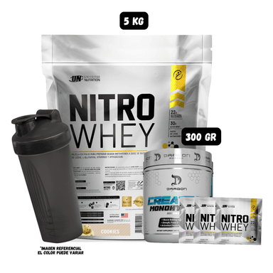 NITRO WHEY 5 KG (COOKIES) + CREATINA DRAGON PHARMA 300 GR + 3 SACHET DE NITRO WHEY + 1 SHAKER