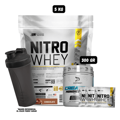 NITRO WHEY 5 KG (CHOCOLATE) + CREATINA DRAGON PHARMA 300 GR + 3 SACHET DE NITRO WHEY + 1 SHAKER