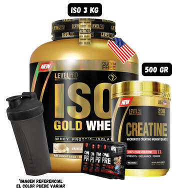 ISO GOLD WHEY 3 KG (VAINILLA) + CREATINA 500 GR LEVEL PRO + 4 SACHET DE PRE ENTRENO + 1 SHAKER