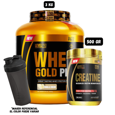WHEY GOLD PRO 3 KG (VAINILLA) + CREATINA 500 GR LEVEL PRO + 1 SHAKER