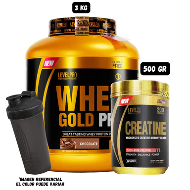WHEY GOLD PRO 3 KG (CHOCOLATE) + CREATINA 500 GR LEVEL PRO + 1 SHAKER