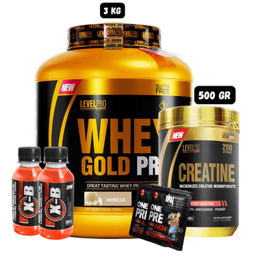 WHEY GOLD PRO 3 KG (VAINILLA) + CREATINA 500 GR LEVEL PRO + 2 SACHET DE PRE ENTRENO + 2 BOTELLITAS DE QUEMADORES XB