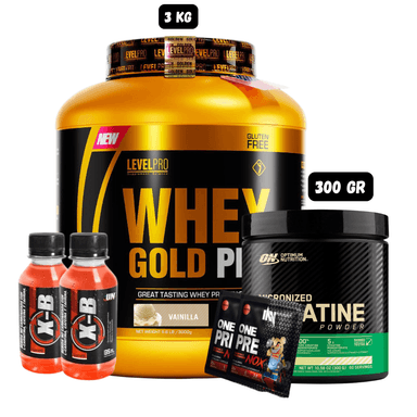WHEY GOLD PRO 3 KG (VAINILLA) + CREATINA ON 300 GR + 2 SACHET DE PRE ENTRENO + 2 BOTELLITAS DE QUEMADORES XB