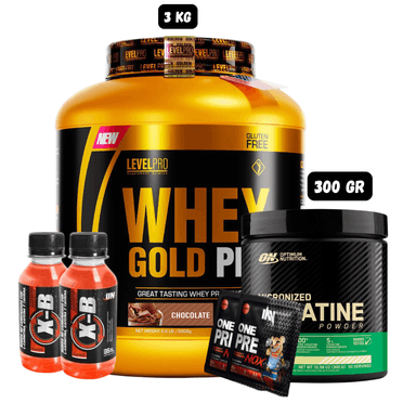 WHEY GOLD PRO 3 KG (CHOCOLATE) + CREATINA ON 300 GR + 2 SACHET DE PRE ENTRENO + 2 BOTELLITAS DE QUEMADORES XB