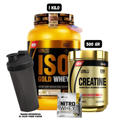 ISO GOLD WHEY 1 KG (VAINILLA) + CREATINA LEVEL PRO 500 GR + 1 SACHET DE NITRO WHEY + 1 SHAKER