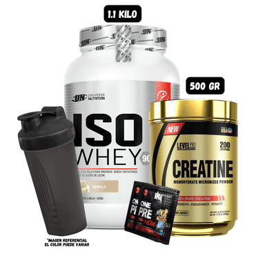ISO WHEY 90 1 KG (VAINILLA) + CREATINA LEVEL PRO 500 GR + 2 SACHET DE PRE ENTRENO + 1 SHAKER