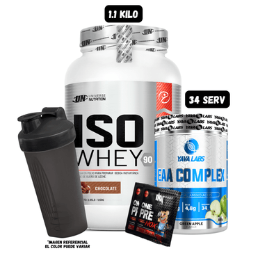 ISO WHEY 90 1 KG (CHOCOLATE) + AMINOACIDOS EAAS 31 SERV YAVA LABS + 2 SACHET DE PRE ENTRENO + 1 SHAKER
