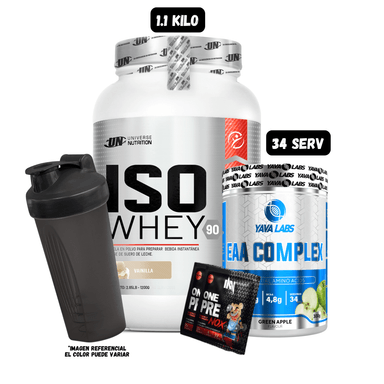 ISO WHEY 90 1 KG (VAINILLA) + AMINOACIDOS EAAS 31 SERV YAVA LABS + 2 SACHET DE PRE ENTRENO + 1 SHAKER