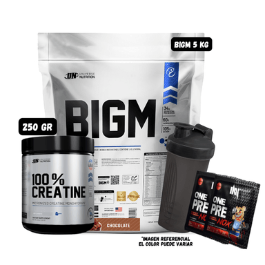 BIGM 5 KILOS (CHOCOLATE) + CREATINA MONOHIDRATADA UN 250 GRAMOS + 1 SHAKER + 2 SACHET DE PRE ENTRENO