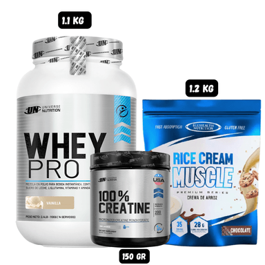 WHEY PRO 1.1 KG (VAINILLA) + CREATINA UN 150 GR + CREMA DE ARROZ 1.2 KG (CHOCOLATE)