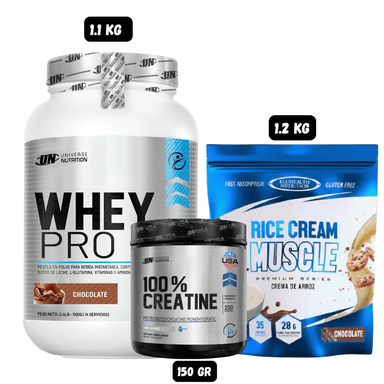 WHEY PRO 1.1 KG (CHOCOLATE) + CREATINA UN 150 GR + CREMA DE ARROZ 1.2 KG (CHOCOLATE)