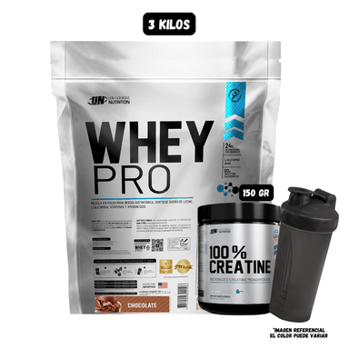 WHEY PRO 3 KG (CHOCOLATE) + CREATINA MONOHIDRATADA UN 150 GRAMOS + SHAKER