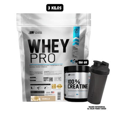WHEY PRO 3 KG (VAINILLA) + CREATINA MONOHIDRATADA UN 150 GRAMOS + SHAKER