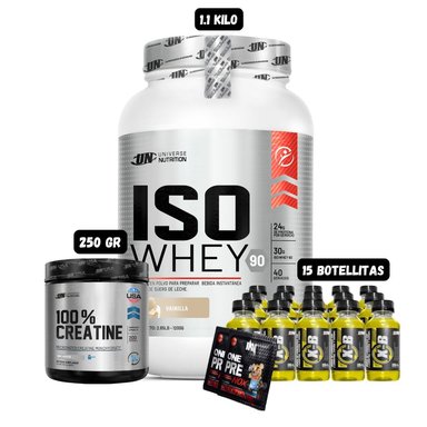 PROTEÍNA UNIVERSE NUTRITION ISO WHEY 1.1 KG (VAINILLA) + CREATINA UN 250 GR + 15 BOTELLITAS QUEMADORES XB + 2 SACHET PRE ENTRENO