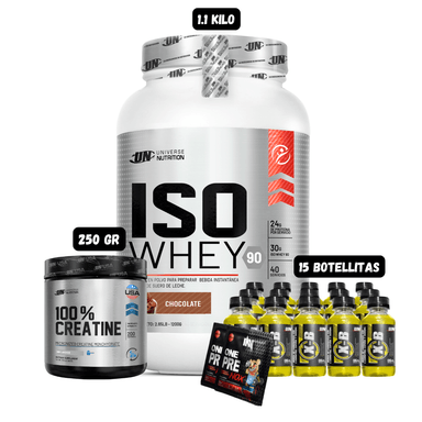 PROTEÍNA UNIVERSE NUTRITION ISO WHEY 1.1 KG (CHOCOLATE) + CREATINA UN 250 GR + 15 BOTELLITAS XB + 2 SACHET PRE ENTRENO