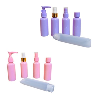 BOTELLAS VIAJES TRANSPARENTE SET 10 UNIDADES LILA Y ROSADO