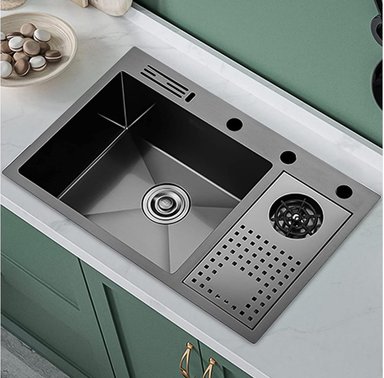 LAVADERO DE COCINA MODERNO MULTIFUNCIONAL  ACERO INOX NEGRO GRAFITO 60X45X23 MARCA RINOX