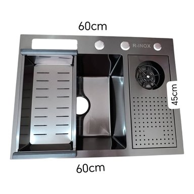LAVADERO DE COCINA MODERNO MULTIFUNCIONAL ACERO INOX NEGRO GRAFITO 60X45X23 MARCA RINOX - 2