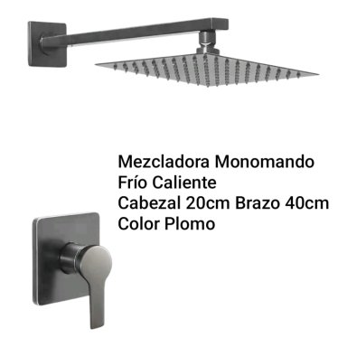 SUPER COMBO DUCHA 20CM CON MEZCLADORA MONOMANDO CALIENTE FRIO GRIS PLOMO ACERO INOXIDABLE - 4