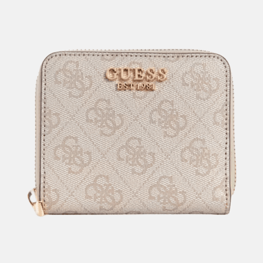 BILLETERA MONEDERO GUESS ZAMIRA MUJER DISEÑO MONOGRAMA QUATTRO G COLOR NUDE CON LOGO FRONTAL DORADO