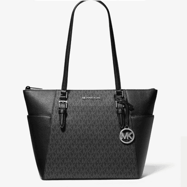 CARTERA MICHAEL KORS CHARLOTTE LARGE LOGO TOTE MUJER DISEÑO MONOGRAMA COLOR NEGRO CON LOGOTIPO METÁLICO FRONTAL