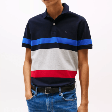 POLO CAMISERO TOMMY HILFIGER BLOCK STRIPE HOMBRE COLOR AZUL CON DISEÑO A RAYAS MULTICOLOR