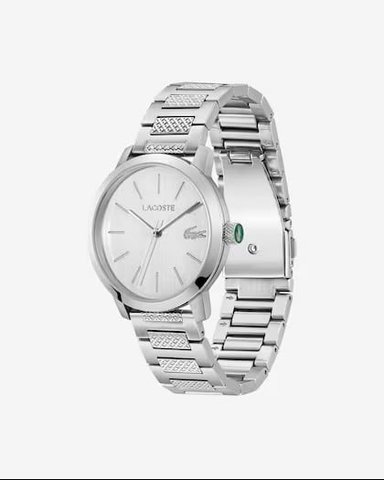 RELOJ LACOSTE.12.12 METROPOLE DE HOMBRE CON DETALLES CENTRALES DE ESLABONES DE CADENA, RESISTENTE AL AGUA Y TRES MANECILLAS.
