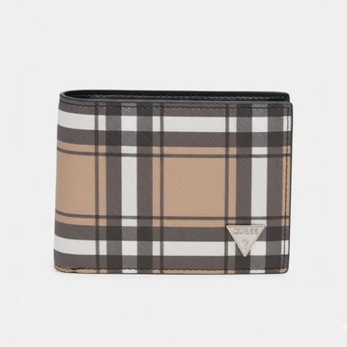 BILLETERA GUESS HOMBRE DISEÑO A CUADROS EMBLEMA METÁLICO Y TARJETERO EXTRAÍBLE