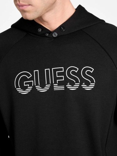 POLERA GUESS GABRIEL SCUBA HOODIE HOMBRE CON DETALLE DEL LOGOTIPO PARTE FRONTAL COLOR NEGRO BOLSILLO CANGURO - 1