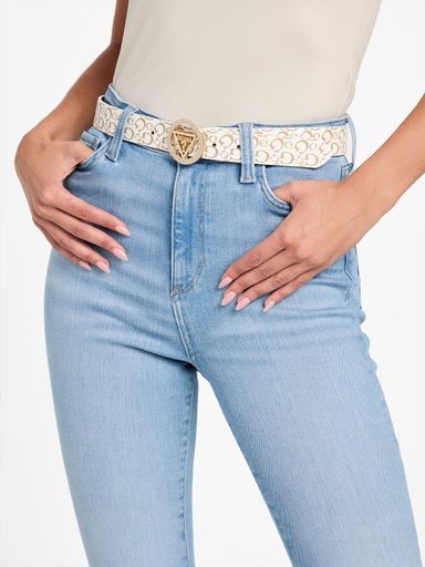 CORREA GUESS MUJER SPARKLE MONOGRAMA BLANCO HEBILLA REDONDA LOGO TRIANGULAR - 2