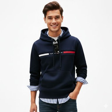 POLERA TOMMY HILFIGER HOMBRE FLAG STRIPE HOODIE AZUL CON CAPUCHA - 4