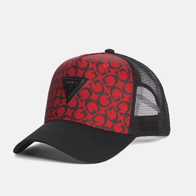 GORRA GUESS HOMBRE TRUCKER MONOGRAMA LOGO TRIANGULAR ROJO/NEGRO