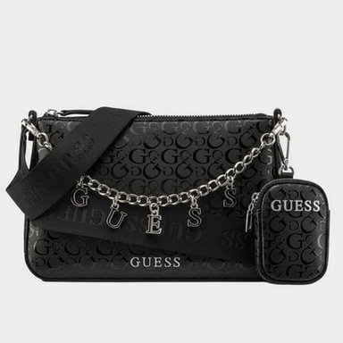 CARTERA GUESS MUJER FIORA MINI BAG CHARMS MONOGRAMA NEGRO ACHAROLADO