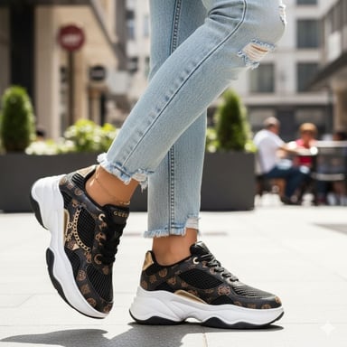 ZAPATILLAS GUESS MUJER HARPAA MARRÓN MONOGRAMA PLATAFORMA LOGO CADENA - 5
