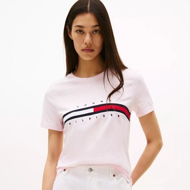 POLO TOMMY HILFIGER MUJER LOGO FLAG STRIPE BORDADO ROSADO MANGA CORTA - 1