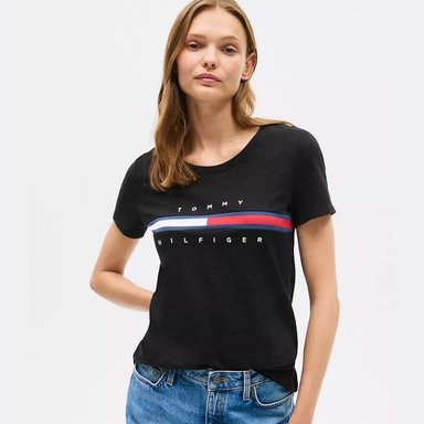 POLO TOMMY HILFIGER MUJER LOGO FLAG STRIPE BORDADO NEGRO REGULAR FIT - 1