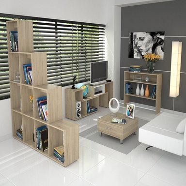SET TUHOME BEIJING RACK EXTENSIBLE TV40 + BIBLIOTECA ESCALERA + ARRIMO + MESA DE CENTRO ROVERE - 1