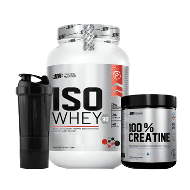 PACK PROTEÍNA ISO WHEY 1.1KG CHOCOLATE UN + CREATINA UN 100% MONIDRATADA MICRONIZADA 250GR 100SERV + SHAKER