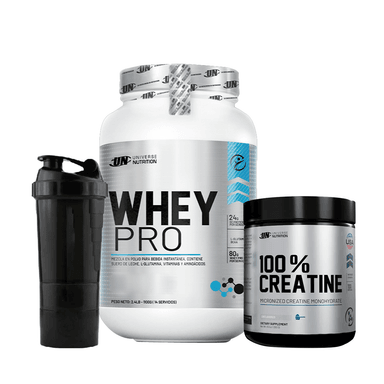 PACK PROTEÍNA WHEY PRO 1KG VAINILLA UN + CREATINA UN 100% MONIDRATADA MICRONIZADA 250GR 100SERV + SHAKER