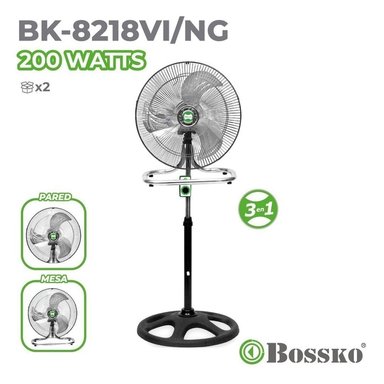 VENTILADOR DE 3 ASPAS  MARACA BOSSKO 200W BK-8218VING-NEGRO