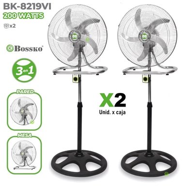 PACK 02 UNIDADES VENTILADOR BOSSKO BK 8219 PLATEADO 200 WATTS, 3 EN 1 PEDESTAL, MESA Y PARED