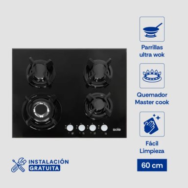 ENCIMERA SOLE SOLCO049 VIDRIO TEMPLADO 60 CM 4 HORNILLAS
