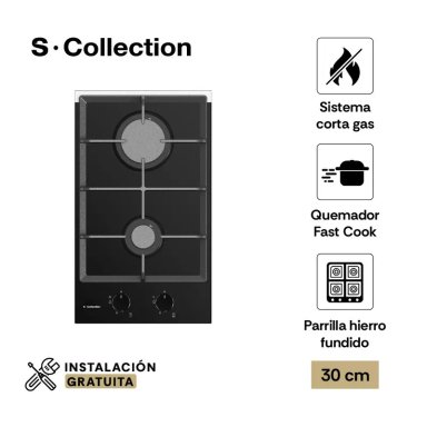 ENCIMERA SCOLLECTION VIDRIO TEMPLADO A GAS 30CM 2 HORNILLAS
