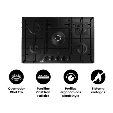 ENCIMERA SCOLLECTION VIDRIO TEMPLADO A GAS 76CM 5 HORNILLAS SOLCO060